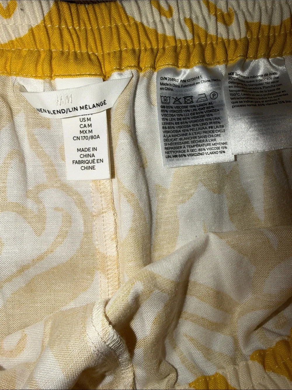 Medium Yellow & White Linen Blend Printed Wide-Leg Pull-On Pants